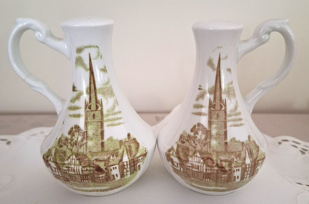 J & G Meakin Romantic England Green Salt & Pepper Shakers Holy Trinity Church